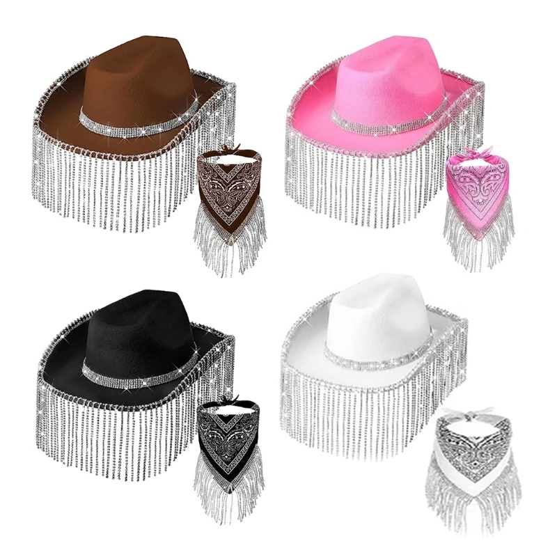 Womens Fringed Bandana Cowgirl Rhinestones Tassels Bandana & Weatern Cowboy Hat for Disco Party Music Festival