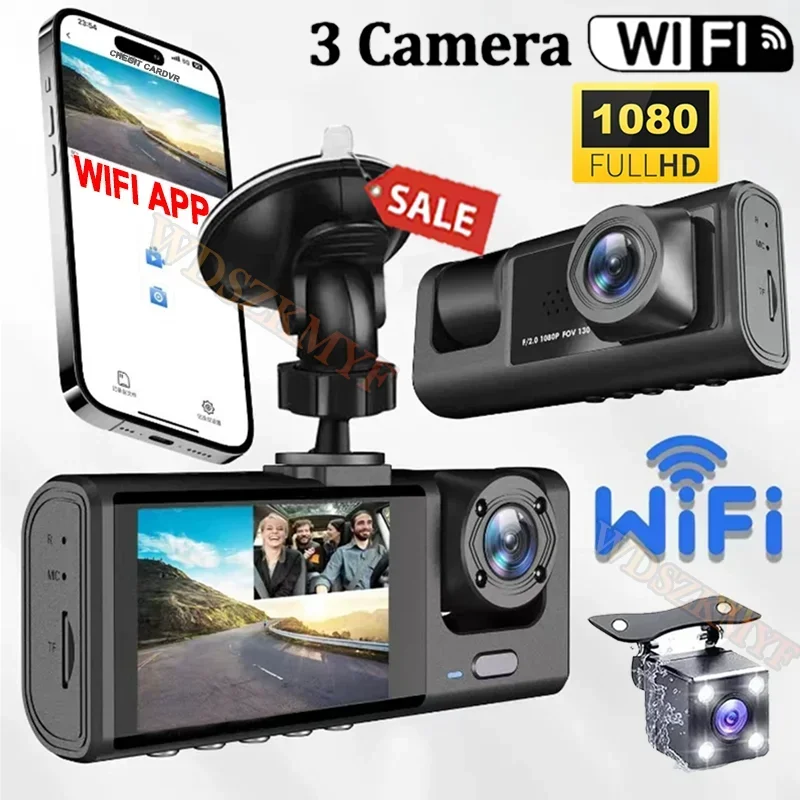 1080P 차량용 DVR WiFi 앱 3/2렌즈 블랙박스, 차량용 카메라, 차량 레코더 비디오 전후방 카메라, 야간 투시 기능 탑재