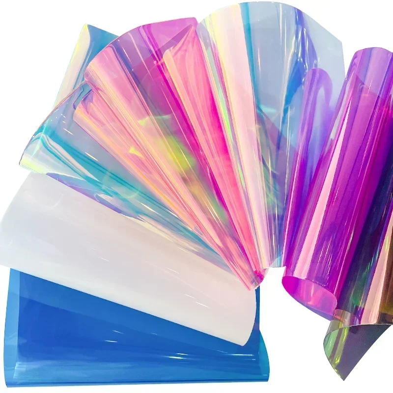 Magic Bright Colorful TPU Transparent Holographic Vinyl Faux Leather Fabric Roll for DIY Sewing notebooks covers Bow Materials