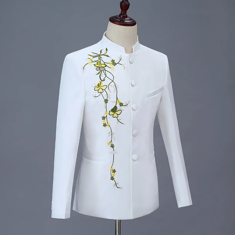 Suit Jacket Pants Two Pcs Set Men's Casual Personalized Printing Stand Up Collar Chinese Tunic Blazers mens suit