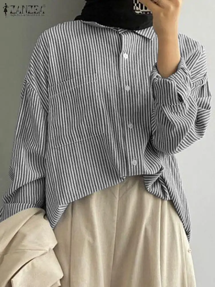 

2023 ZANZEA Stripe Printed Muslim Blouse Woman Long Sleeve Lapel Neck Tops Fashion Eid Mubarek Shirt Female Elegant OL Chemise