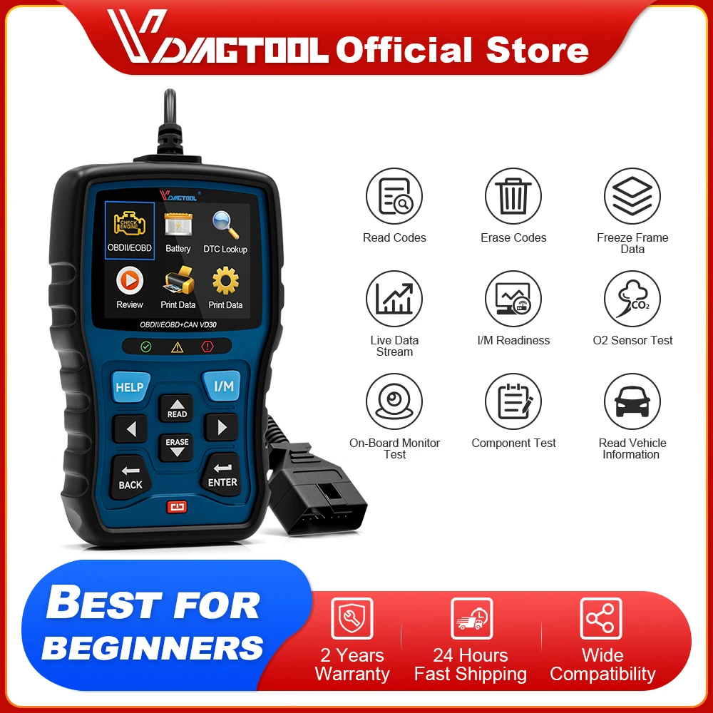 VDIAGTOOL VD30 OBD2 Scanner Car Code Reader for All OBDII Vehicles, Turn Off CEL, Read/Clear Codes, Live Data, Voltage Test