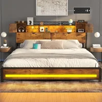 King Size Bed Frame and Storage Headboard, LED Bed Frame with USB Charging Station, Metal Platform Bed Frame King with Hidden 1