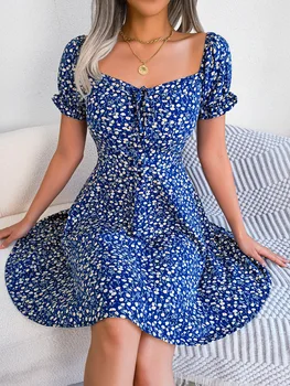 Spring Summer Square Collar Floral Ruffles Mini Dress Women Casual Flare Sleeves Drawstring Lace up Print A Line Dress 1