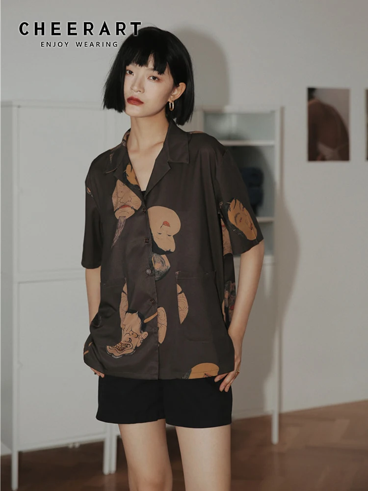 CHEERART Musashi Ukiyoe Japanese Streetwear Woman Blouses Shirts Short Sleeve Button Down Shirt