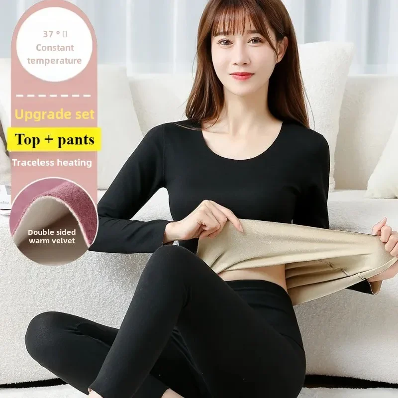Long Johns Thermal Underwear Sets Winter Women Thin Velvet Intimate Self-heating 2 Pieces Slim Fit Elasticity Basic Thermal Set