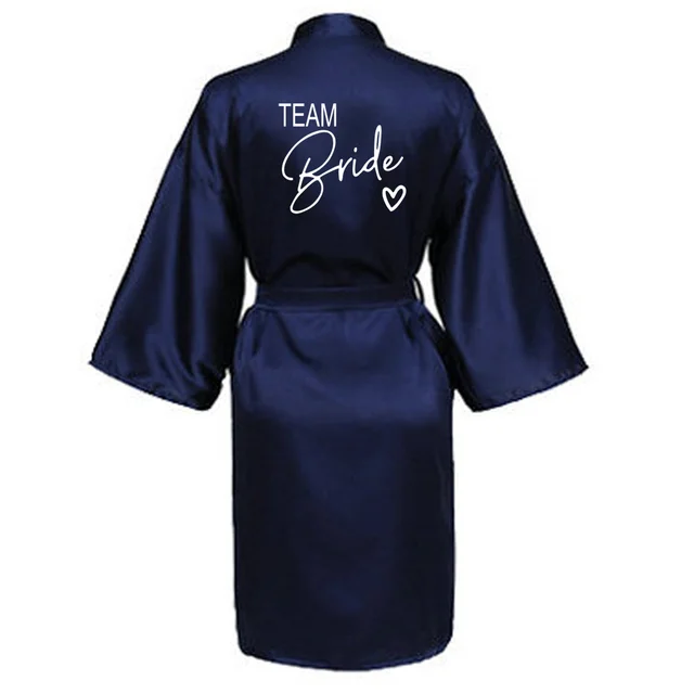 Wedding Party Team Bride Robe With Black Letters Kimono Satin Pajamas Bridesmaid Bathrobe SP003 Dark blue