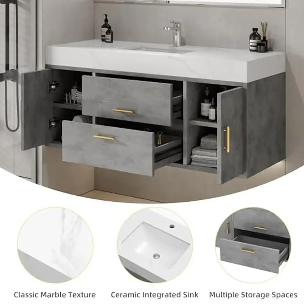 Wall Mounted 48 Inch Grey Bathroom Vanity with Sintered Stone Countertop and Ceramic Basin Storage Moisture-proof Easy Assembly 4