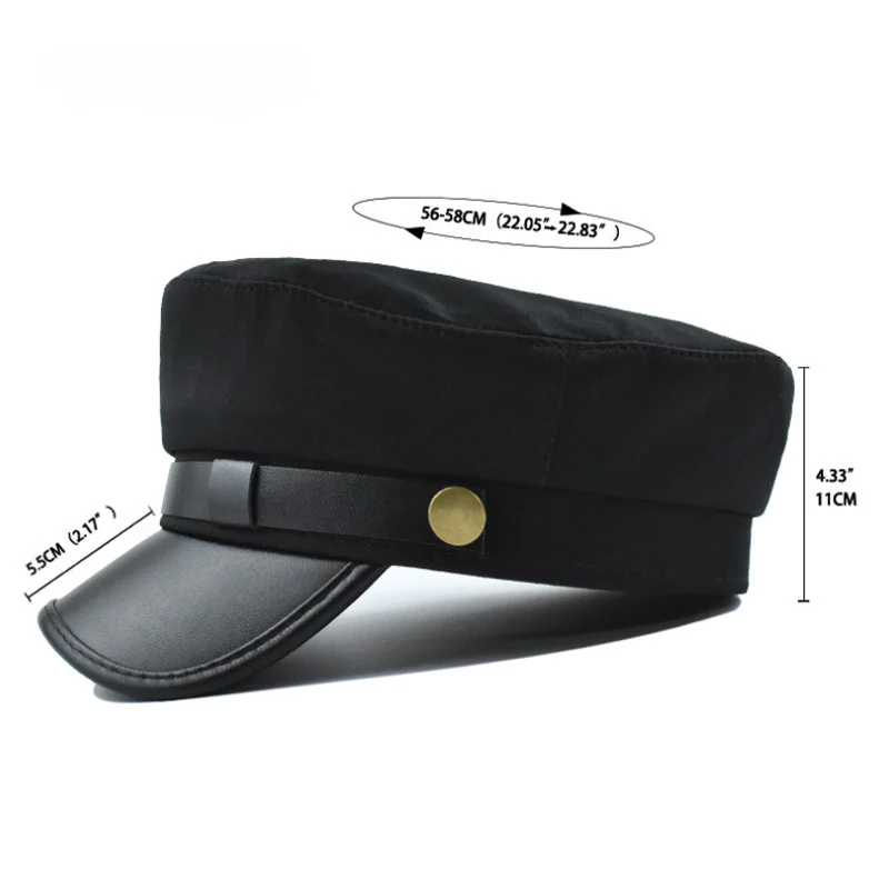 Unisex PU Leather Autumn Sailor Hat for Women Men Vintage Black Female Travel Student Captain Cap Flat Top sailor hat leather hat flat cap flat vintage cap cap hat