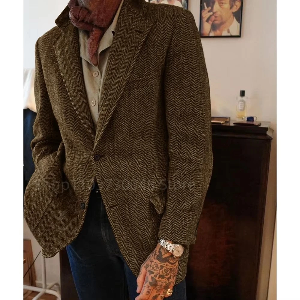 Men's Herringbone Blazer Single Breasted Casual Elegant Suit Jacket Coat Stage Clothing Male Fashion Woolen Men Suits Blazer