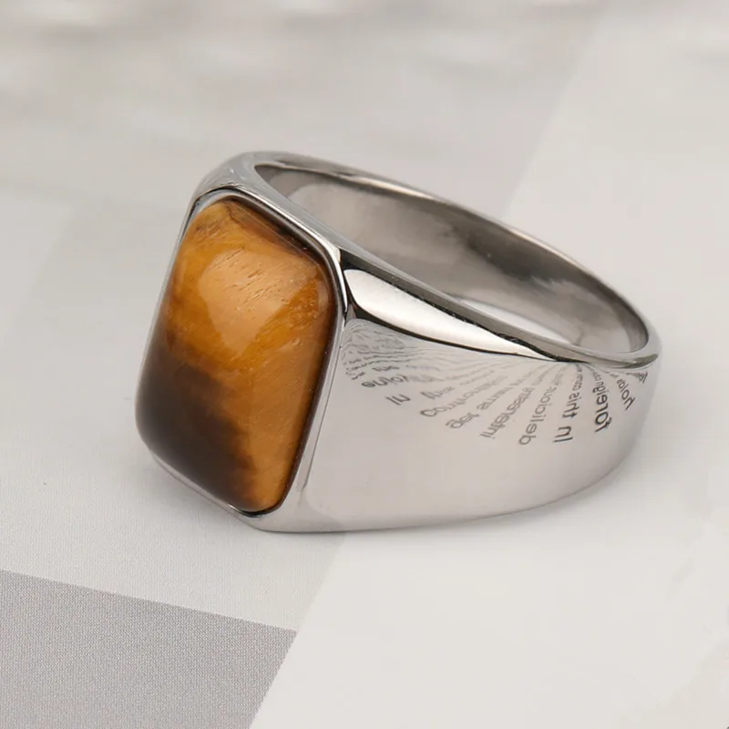 Men's Stainless Steel Tiger Eye Stone Ring - Silver Rectangle Ring, Sizes 8-13