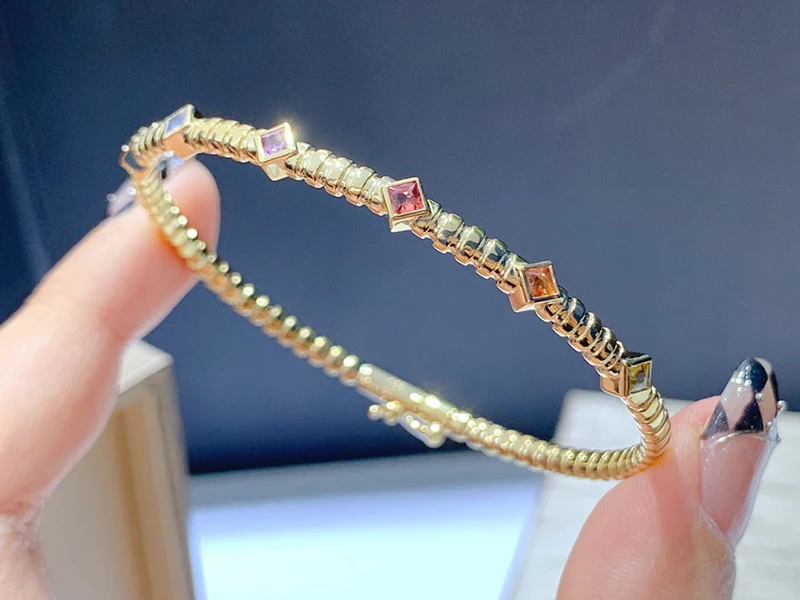KUGG 18K Yellow Gold Bracelet Fashion Princess Cut Real Natural Aquamarine Spring Design Exquisite Party Jewelry for Women