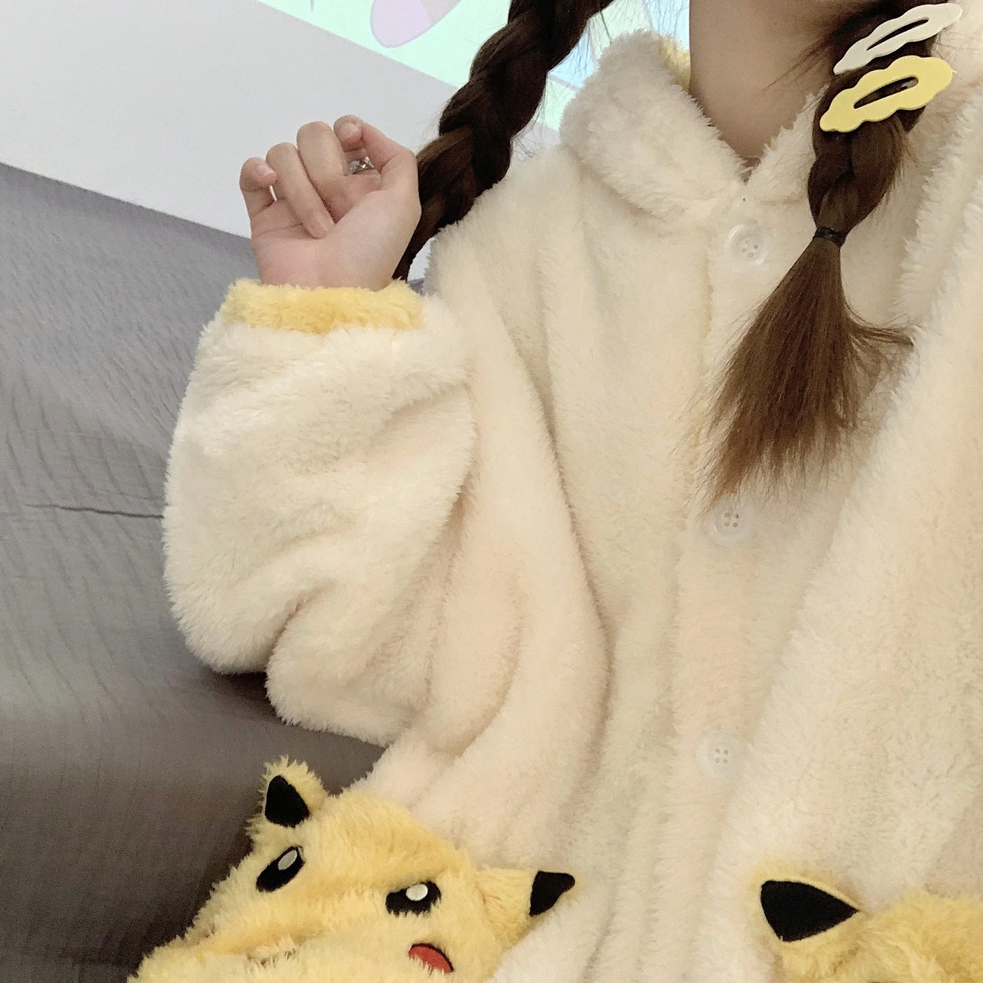 Pokemon Pikachu Pajamas Winter Women Thick Coral Velvet Anime Cute Plush Hooded Nightdress Long sleeved Student