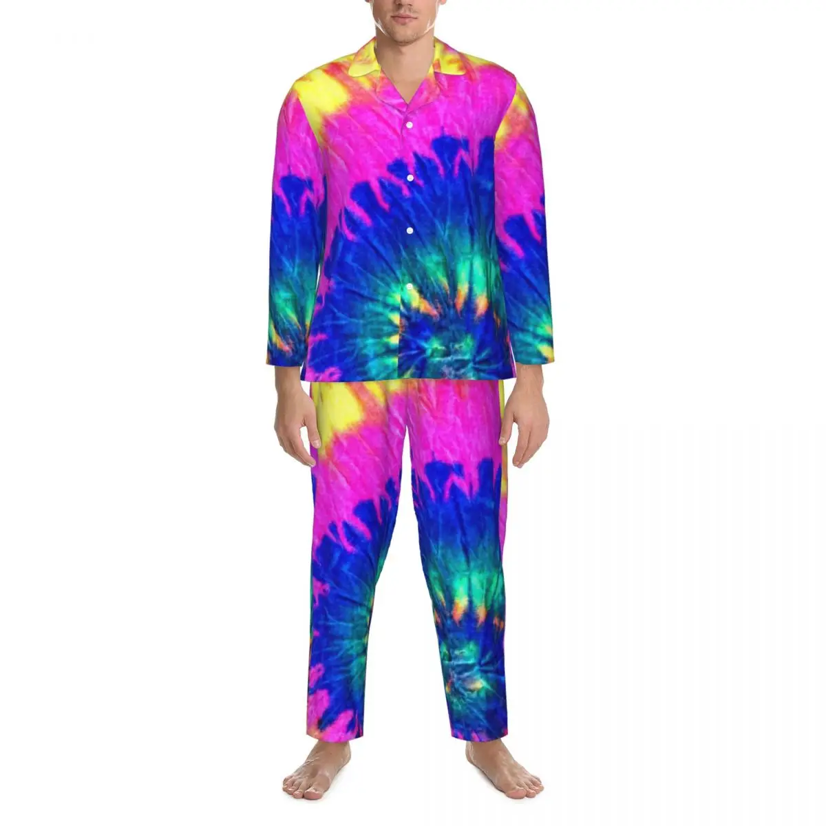 

Tie Dye Spiral Sleepwear Spring Circle Rainbow Pattern Retro Oversize Pajamas Set Mens Long Sleeve Cute Home Graphic Nightwear