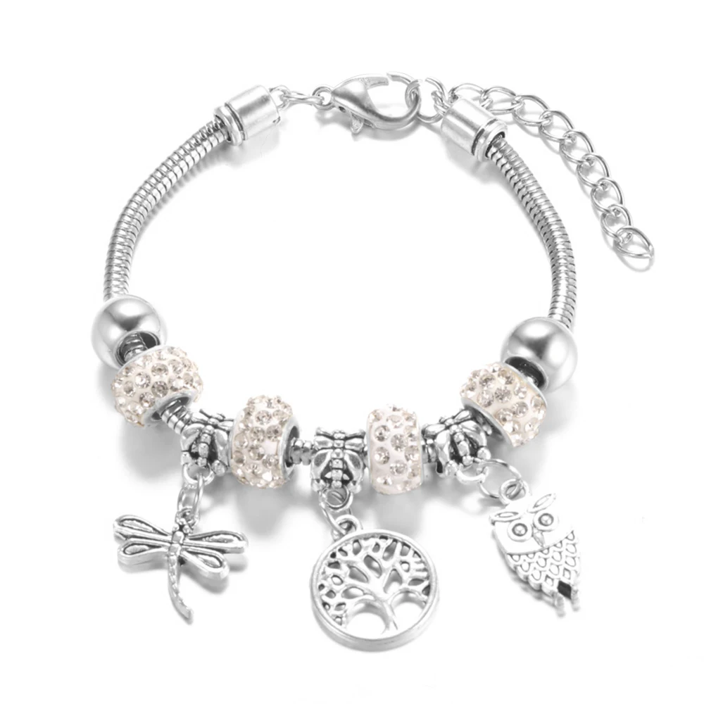 Charm Tree of Life Pendant Beaded Rhinestone Bangle Lobster Buckle Adjustable Snake Chain 5 Color Dragonfly Owl Bracelet Jewelry