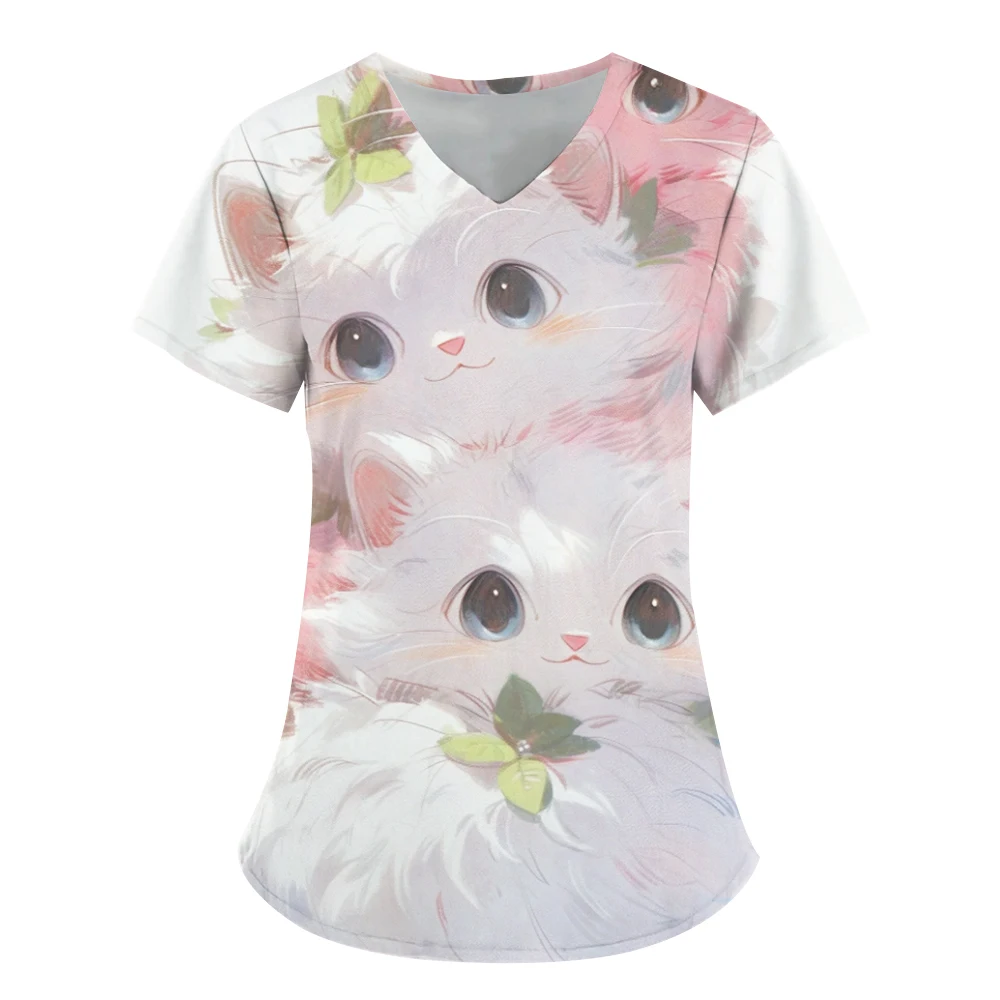 

2024 Refreshing Summer Fashion Women's Clothing Cat Element Pattern T-Shirt 3d Printed V-Neck Sports Casual Short Sleeved Top