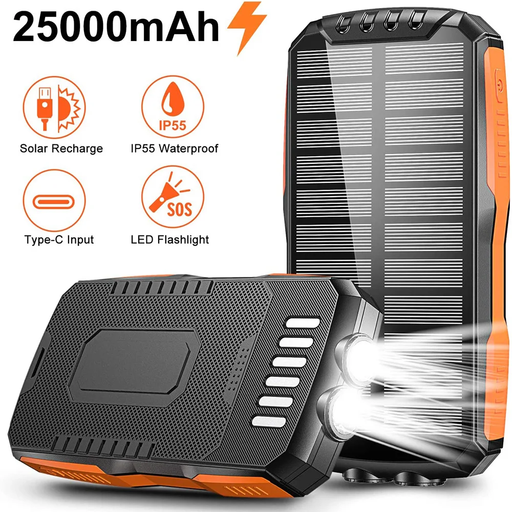 

Solar Power Bank 25000mAh Waterproof Powerbank with Flashlight External Battery Portable Solar Panel Charger for iPhone Samsung