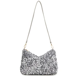 Elegant Sequined Crossbody Bag - Stylish Solid Color Shoulder & Evening Clutch Purse - (20cm<Max Length<30cm) (Silver)