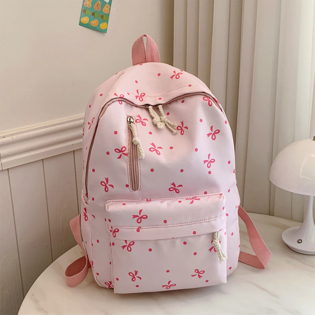 Back To School Season Playful Bow Print Backpack Quilted Multi-Pocket Adjustable Straps Large Capacity Backpack for Daily Use