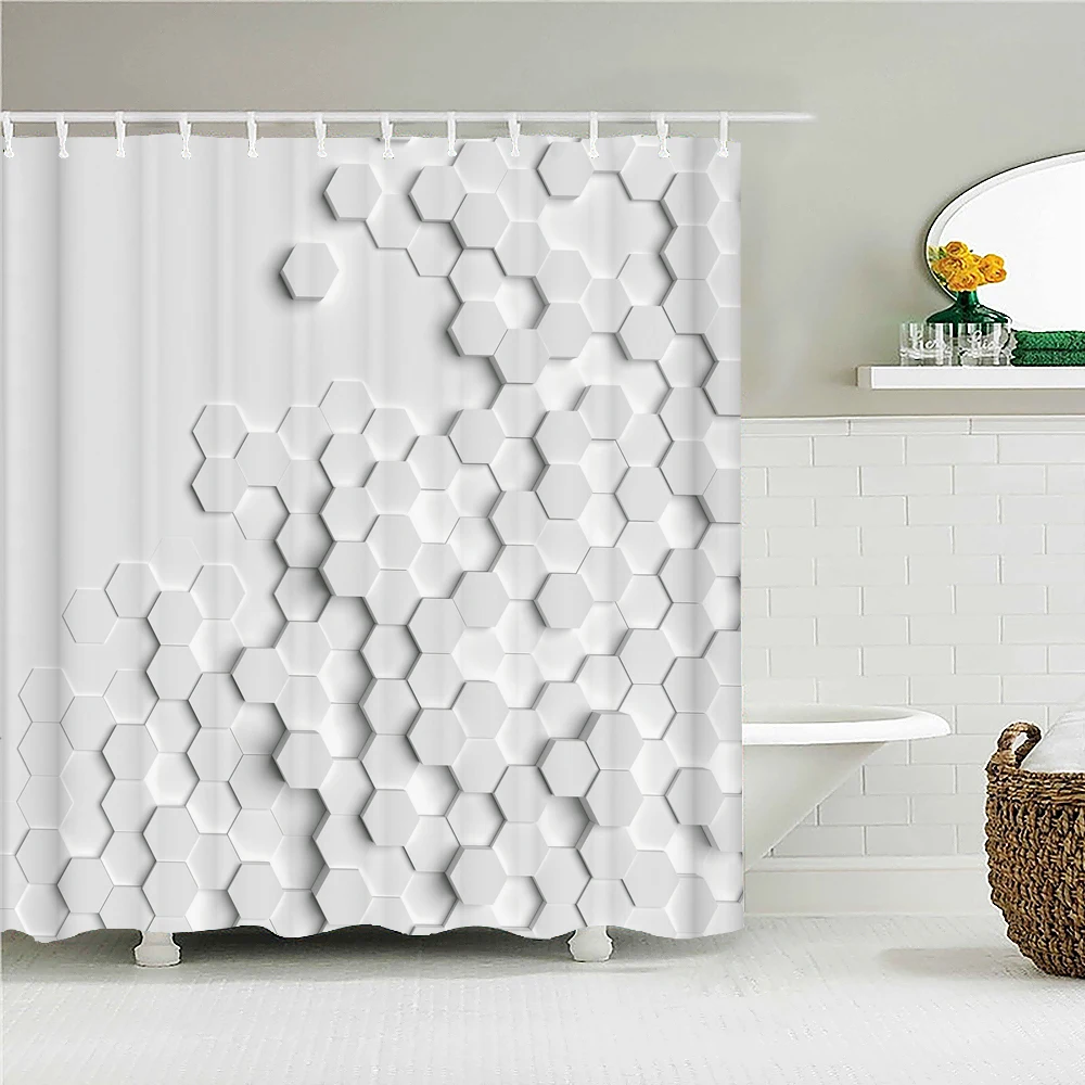 

Gray and White Geometric 3D Hexagon Print Shower Curtain Washable Bathroom Curtains Set 3D Shower Curtain Polyester Bath Screens