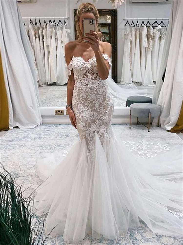 

Trumpet/Mermaid Tulle Applique Off-the-Shoulder Sleeveless Cathedral Train Wedding Dresses Elegant Dress for Wedding Party Gowns