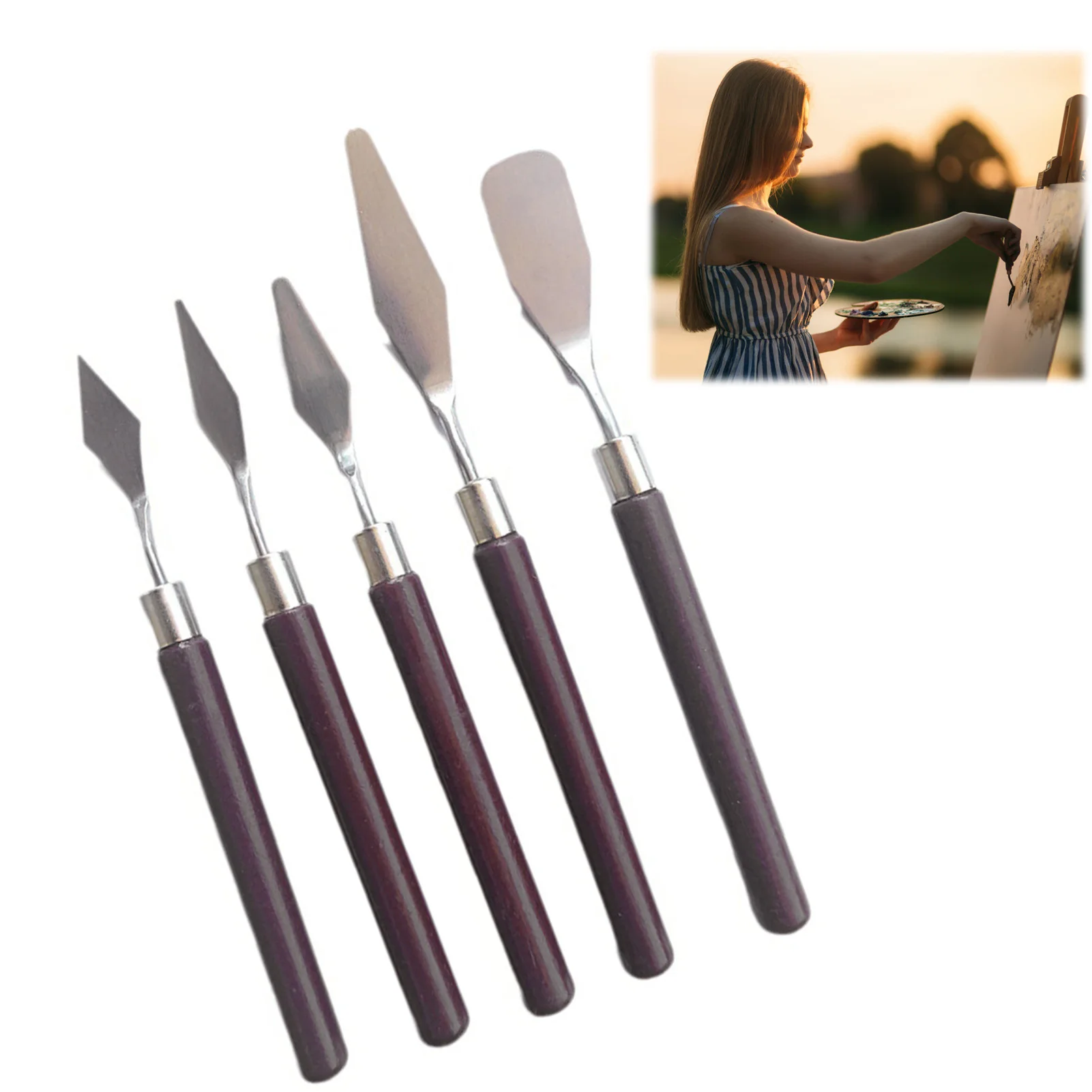 5pcs 아트 오일 페인팅 스크레이퍼 페인트 스크레이퍼 나무 손잡이 팔레트 나이프 세트 구아슈 유화 학습자용