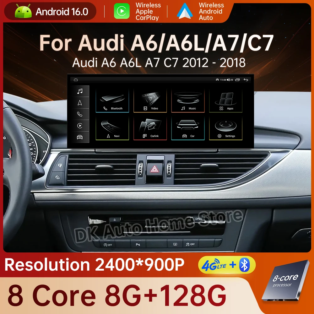 Autoradio Android 12.3 con Carplay Wireless per Audi A6 C7 A7 2012-2018, GPS, Schermo QLED, BT, Lettore Multimediale Video, WiFi