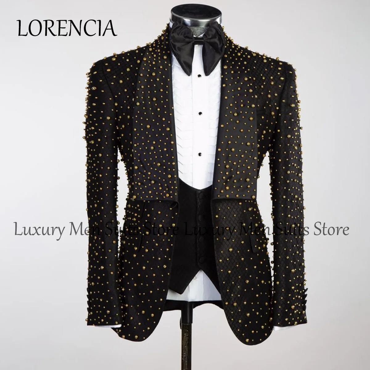 Customized  Bead Crystals Men Suits Slim Fit Groom Wedding Tuxedos 3 Pieces Sets Bridegroom Prom Blazers Fashion Terno Masculino 2