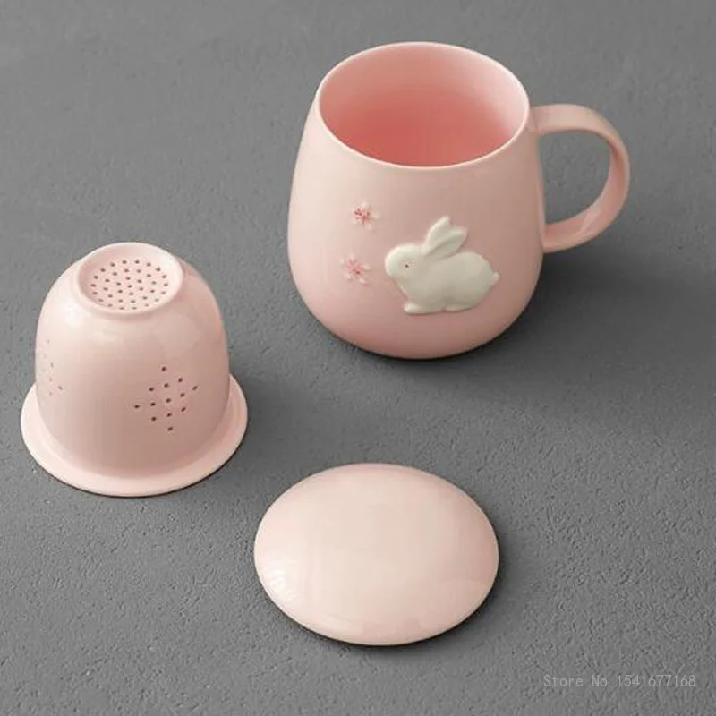 Pink Embossed Rabbit Ceramic Mug with Lid Filter, Office Cup, Household, Study, Living Room Supplies, Tea Water Separation