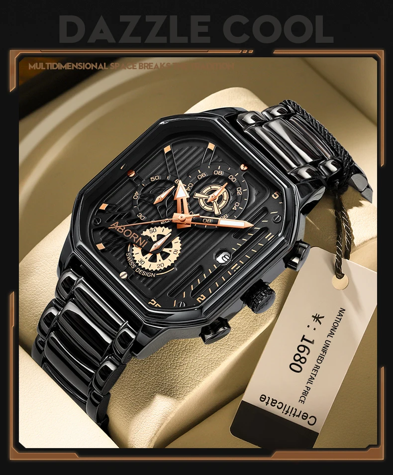 Luxury Men Watch Male Quartz Wristwatch Classic Fashion Brand Black Square Dial Stainless Steel Reloj Business Man Sports Clock