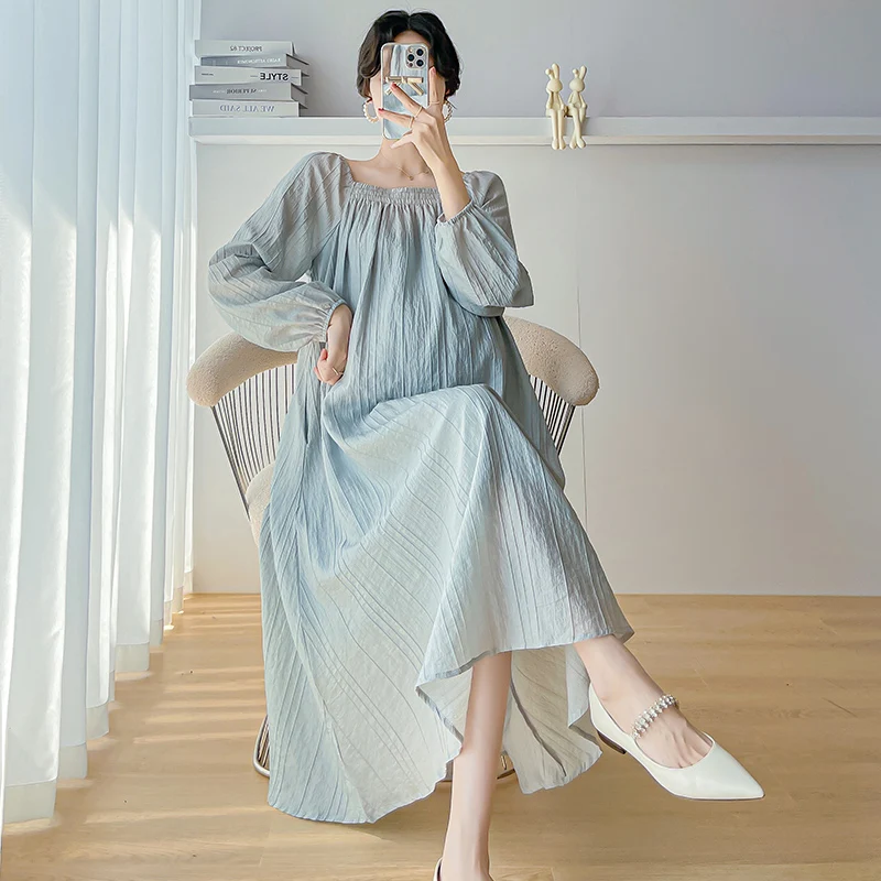

Pregnant Women's Clothing Spring Long Sleeve Square Collar Loose Maternity Chiffon Dress Plus Size Pregnancy Beach Dress Blue