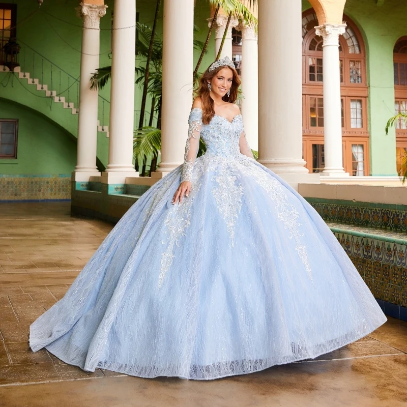 

2024 Sky Blue Princess Quinceanera Dresses Off Shoulder Long sleeved Lace Appliques Corset Up Ball Gown Sweet 16 Birthday Vestid