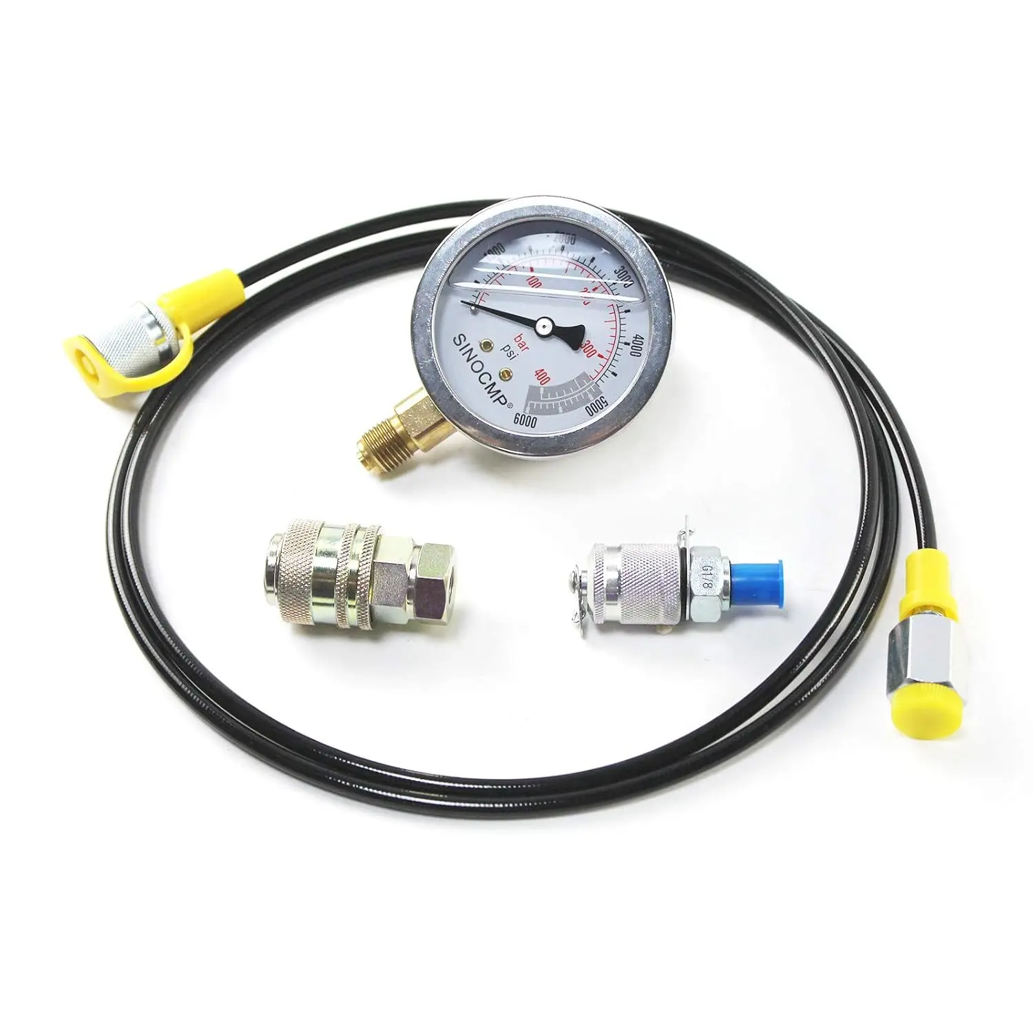 40MPA/6000PSI 유압 압력 테스트 커플링 키트 압력 게이지 키트 굴삭기 도구(게이지 1개, 테스트 호스 1개, 커플링 2개 포함)