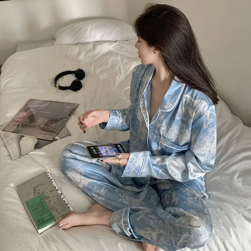 

Pajamas Nightgown Pyjamas Silk Large Pijama Printing Sleepwear Sleeved Women Pants The Long Real New Homewear Size