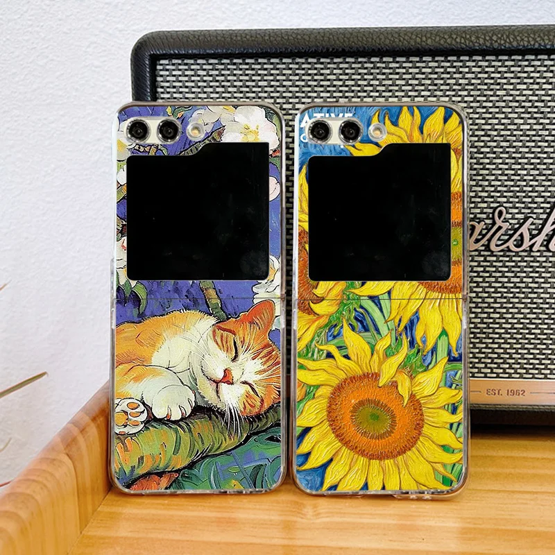 Sunflower Cat Oil Painting Clear Hard Folding Phone Case