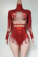 Birthday Party Nightclub Dj Stage Performance Costume Women Sparkly Rhinestone Sequin Tassel Stretch Bodysuits