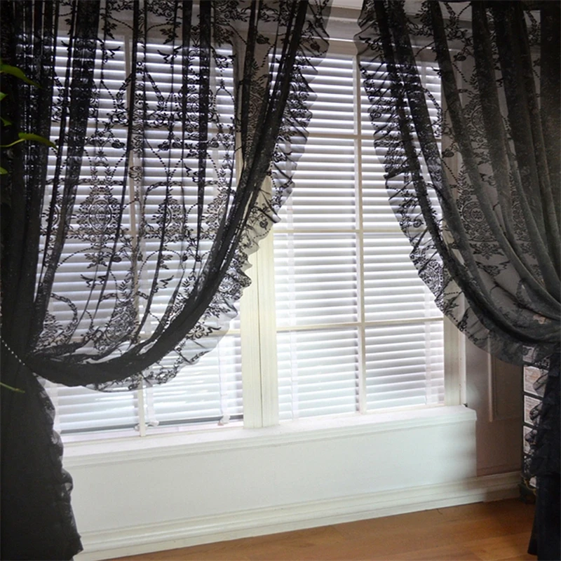 Romântico Vintage Preto Floral Ruffle Lace Sheer Tulle Cortinas, Quarto, Sala de estar, Bay Window, Mesh Voile, cortinas bordadas