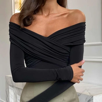 Women Off Shoulder Shirts Short Shirts Fashion Front Cross Long Sleeve Slim Fit Tops Ladies Clothing Clubwear Female Streetwear 1