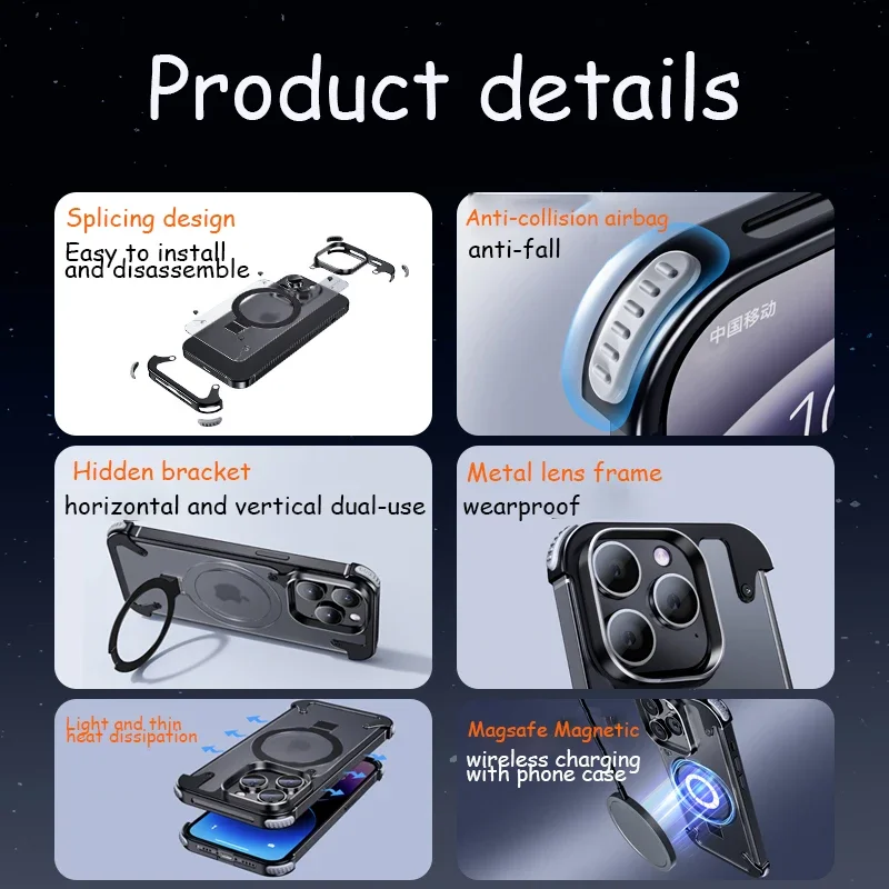 For iphone15 14 13 Pro Max Case Metal Magsafe frame four corner airbags Transparent leather Finger Ring car Phone Holder cover