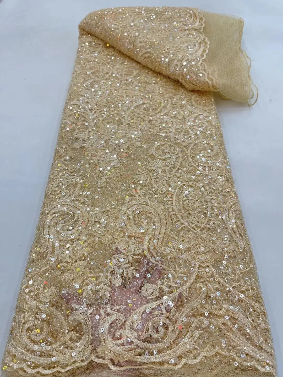 

African Sequins Tulle Lace Fabric ZH-1219684 High Quality Embroidered French Net Lace Nigerian Beaded Lace For Party