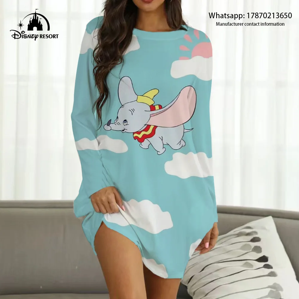 

Home dress round neck Dumbo cartoon print knee-length comfortable casual home wear women's long-sleeved kawaii