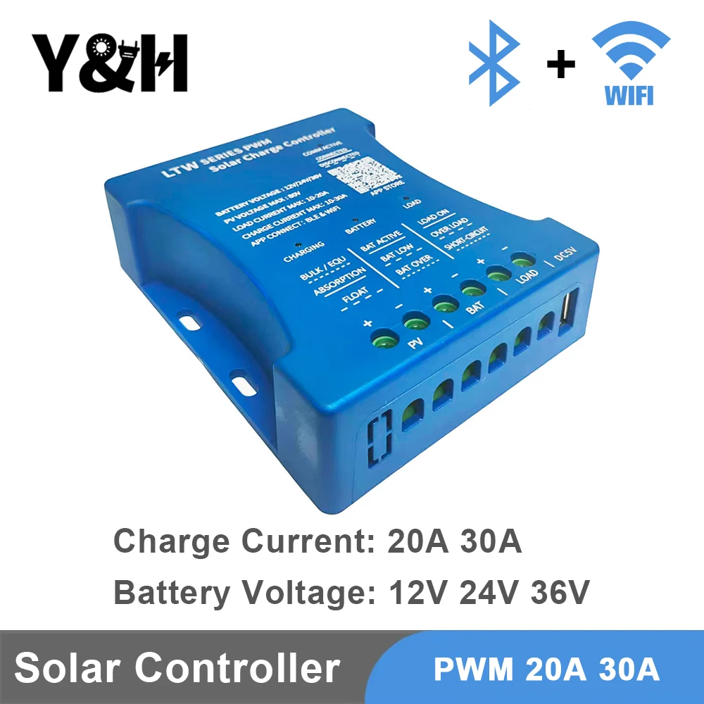 ตัวควบคุมชาร์จโซลาร์ PWM 20-30A รองรับ 12/24/36V มี Wi-Fi Bluetooth