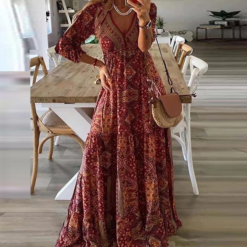 

Ethnic Retro Floral Print Long Party Dress Women Spring V-neck High Waist Boho Maxi Dress Autumn Long Sleeve Loose Office Dress