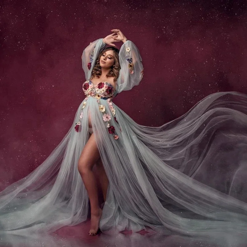 

Sexy Tulle Maternity Pregnancy Dresses Pretty Flowers Puff Sleeves A Line Pregnant Woman Gowns High Slit Mesh