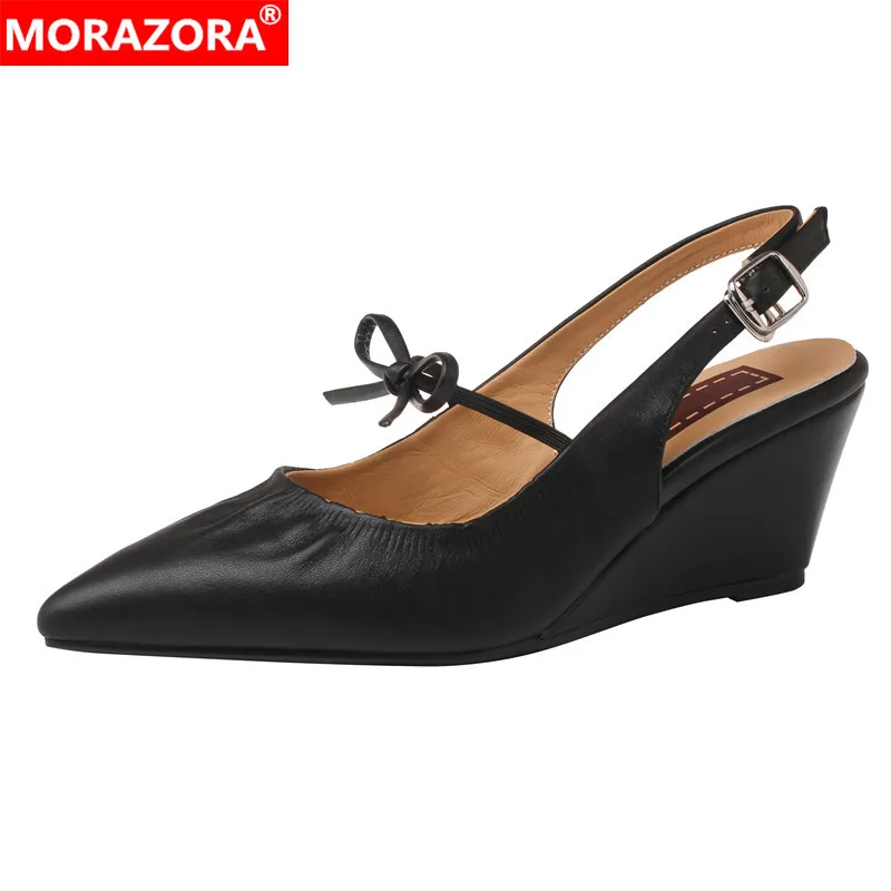 

MORAZORA 2024 New Genuine Leather Shoes Women Pumps Wedges Slingbacks Pointed Toe Solid Color Ladies Party Dress Shoes Footwear