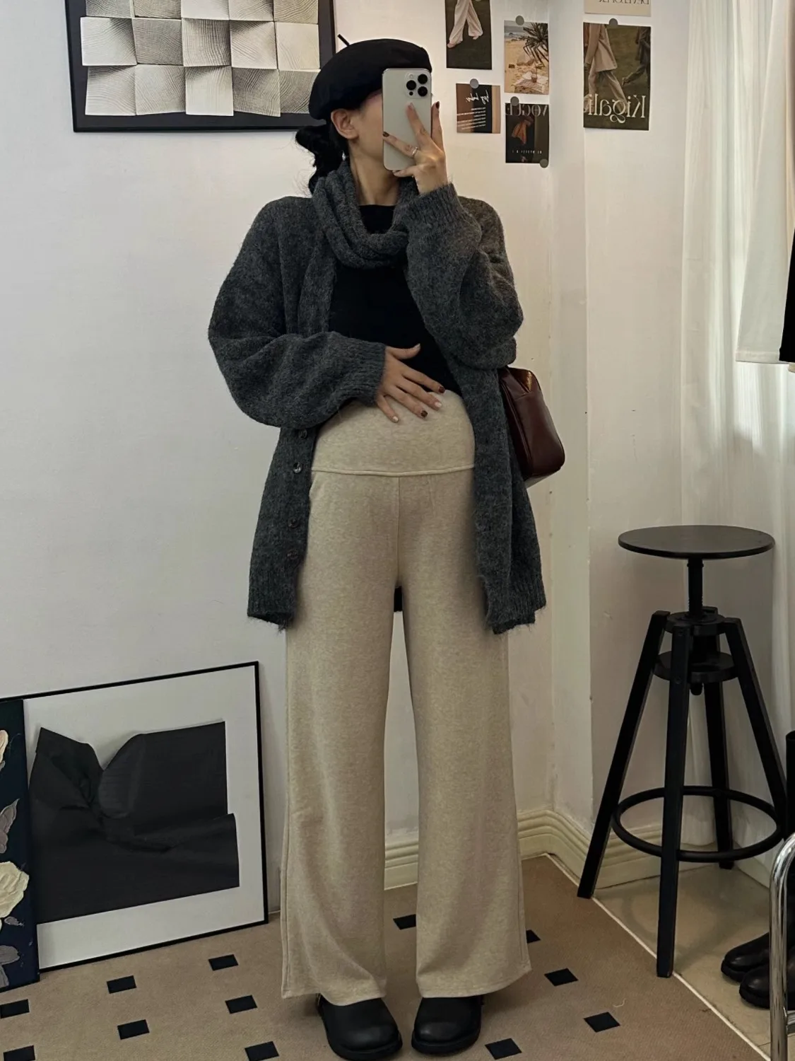 양털 안감 한국 스타일 임산부 바지 와이드 레그 캐주얼 복부 지지 아우터 겨울 롱 팬츠 면 폴리에스터