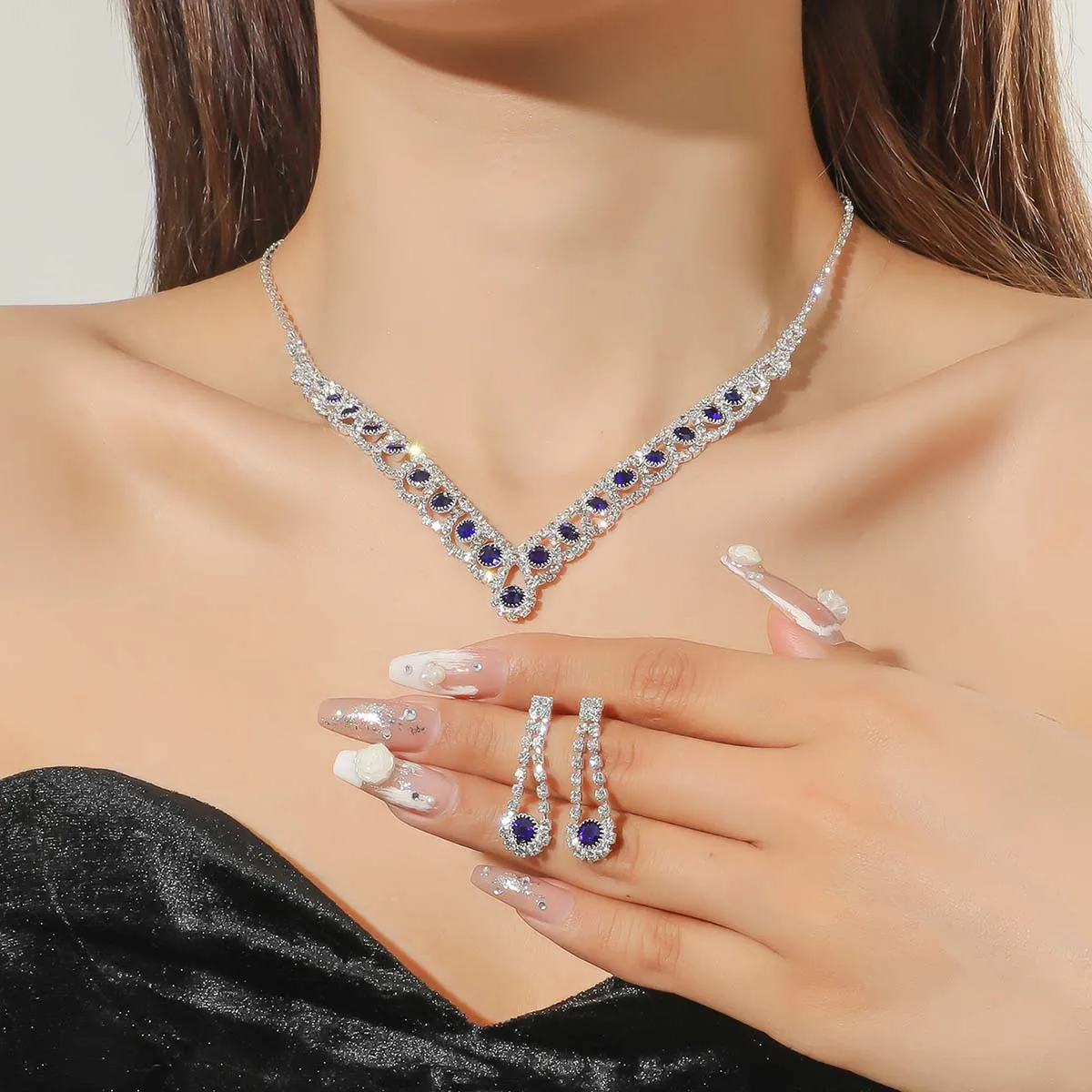 TREAZY Royal Blue Crystal Bridal Jewelry Sets Rhinestone Statement Choker Necklace Earrings Women Wedding Jewelry Sets bridal jewelry sets