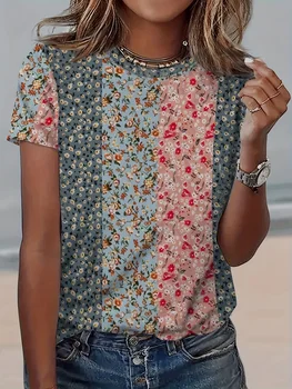 Plus Size Boho T-shirt Women's Plus Colorblock Ditsy Floral Print Short Sleeve Round Neck Slight Stretch T-shirt