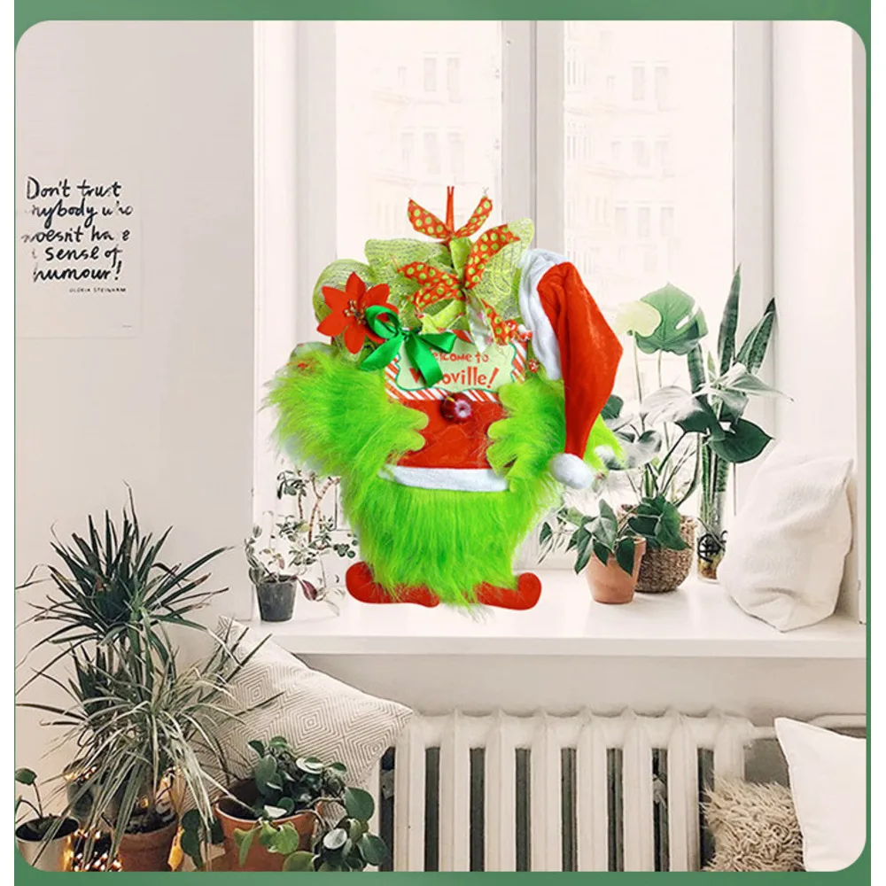 Ön kapı çiçek çelengi, Grinch yeşil kürk canavar tarzı simülasyon Noel dekorasyonu asılı süs_voghion.com