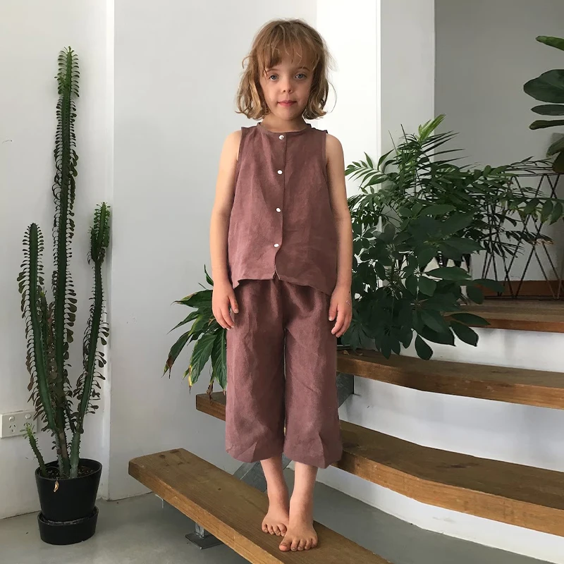 Kids Wide-Legged Linen Pants With Pockets Summer Casual Loose Retro Cotton And Linen Girls Trousers Baby Clothes TZ423